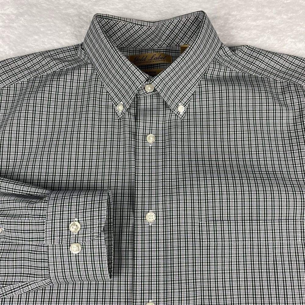 Roundtree & Yorke Gold Label Dress Shirt Mens Large Green Plaid Regular No Iron